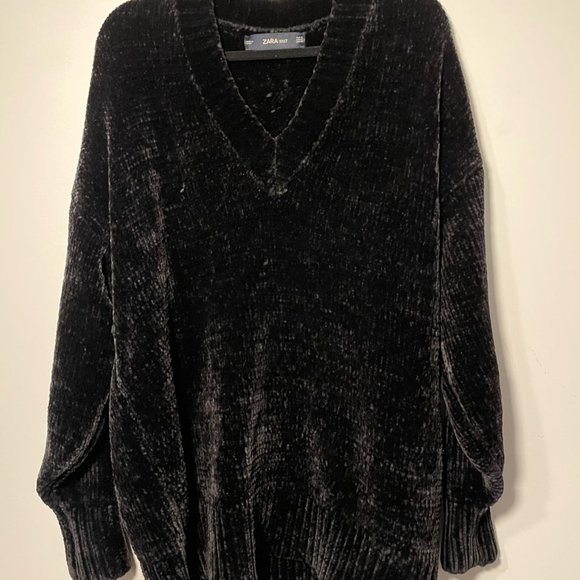 Zara Black Chanile Oversized V-Neck Chunky Knit Sweater, Size Small - Picture 6 of 10